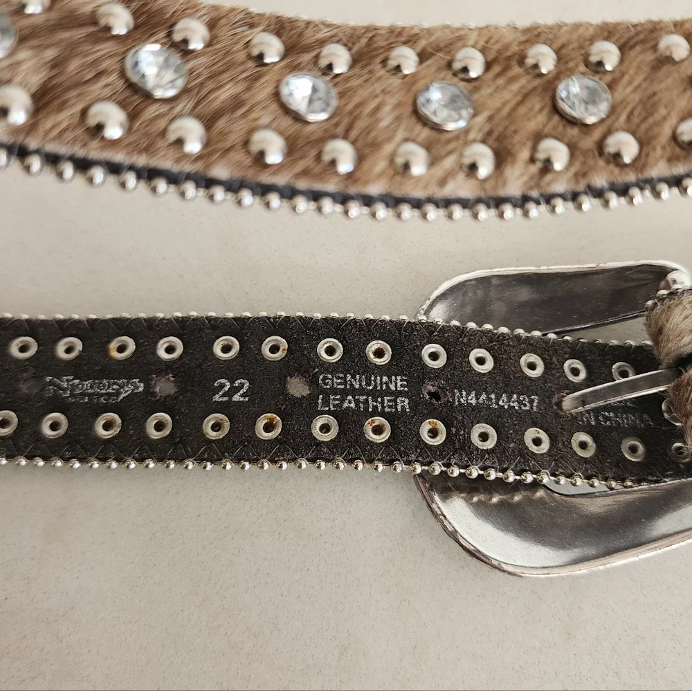 Nocona Brown Cowhide Hair On and Silver Rhinestone Studded Western Belt Sz 22in